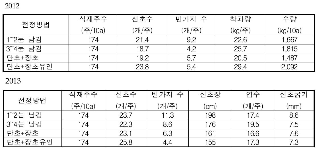 신품종 포도 홍이슬 전정방법별 신초생육 및 수량