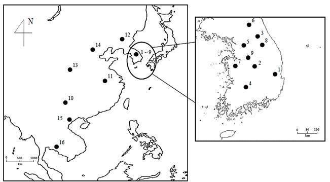 Locality map indicating sampling localities for A. cerana.