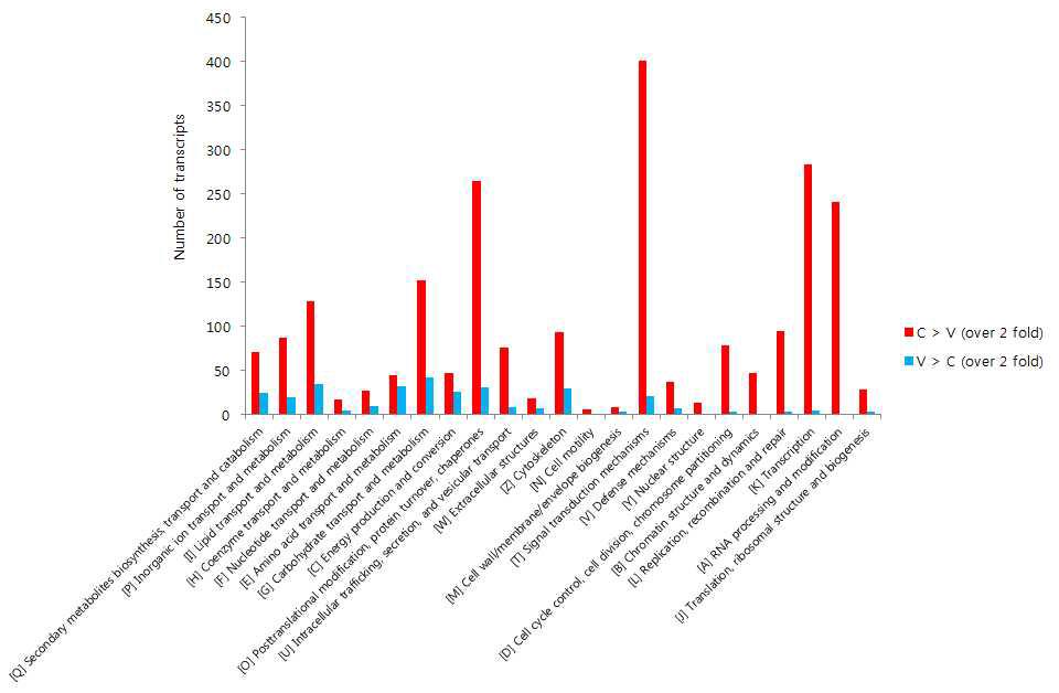 eggNOG analysis of the defferentially expressed transcripts. The transcripts which were up-regulated in SBV infected and control larave more than two-fold were represented in red an blue, respectively.