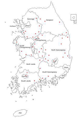 2012년도 전국 콩 바이러스 조사 시료 채집 지역