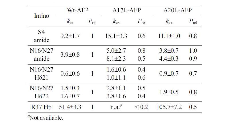 15°C에서 wt-, A17L-, 및 A20L-AFP의 교환 속도 상수 (kex, s-1)과 상대적인 보호 인자 (Prel).