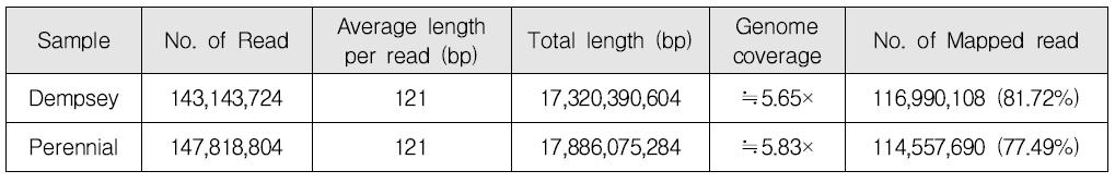 고추 교배양친의 resequencing data 통계