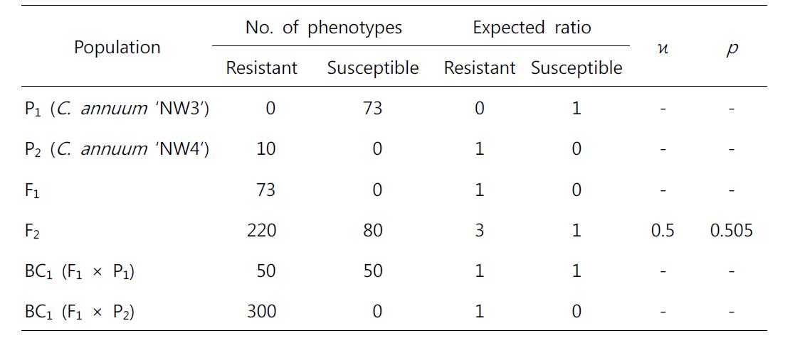 Segregation analysis of resistance to chilli veinal mottle virus in NW3, NW4, F1, F2, and BC1 offsprings