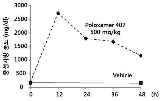 Poloxamer 407을 이용한 고지혈증 동물모델에서 시간에 따른 중성지방의 수치 변화 관찰