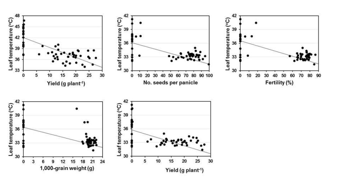 Linear regression between leaf temperature and yield components, panicle number, number of seeds per panicle, fertility, 1,000-grain weight, and yield at 24 days after NaCl treatment.