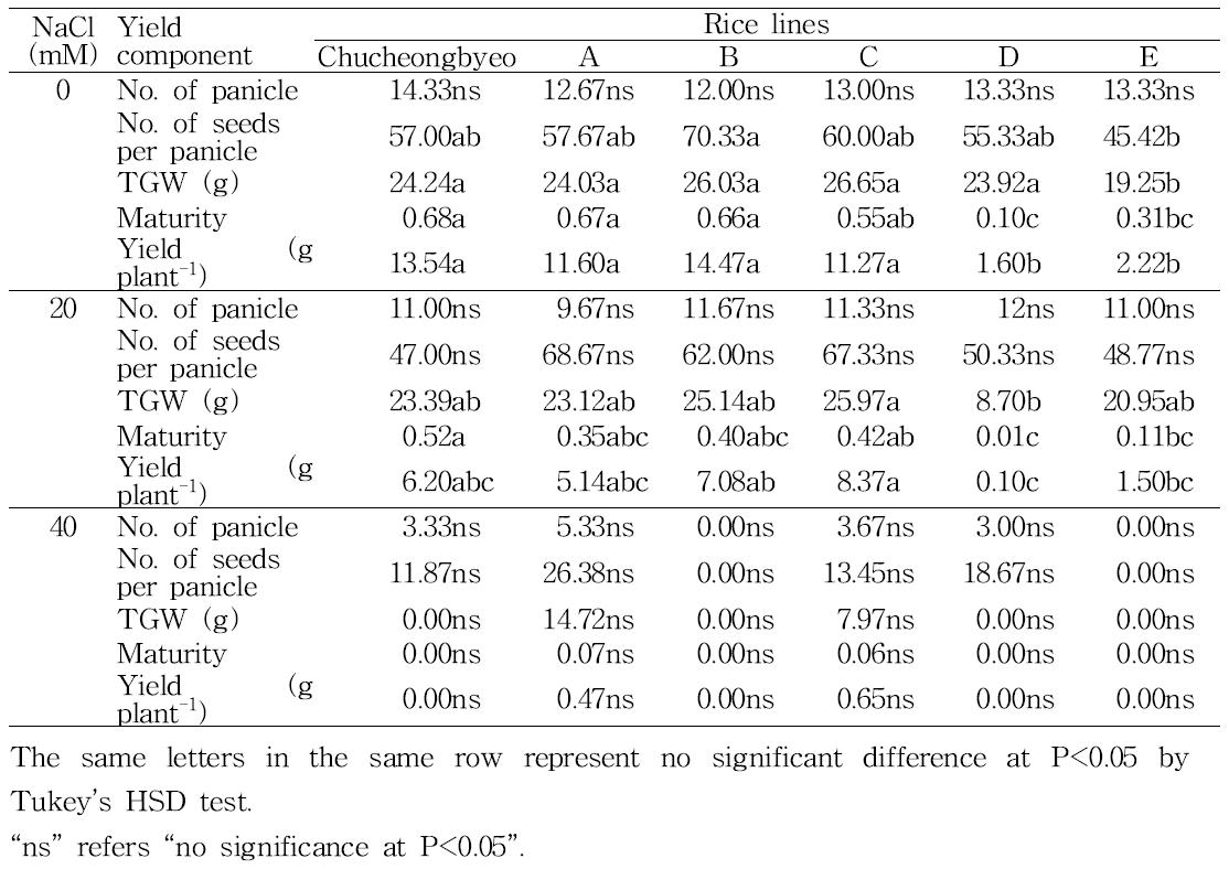 Yield and yield components of rice lines stressed by NaCl