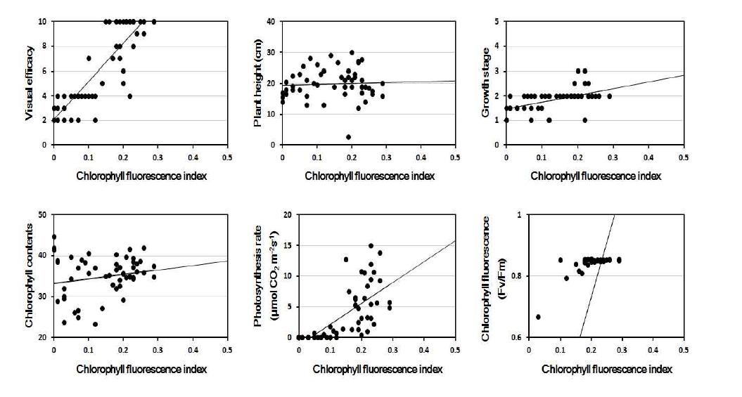 Linear regression between chlorophyll fluorescence index and other parameters at 4 days after PEG treatment.