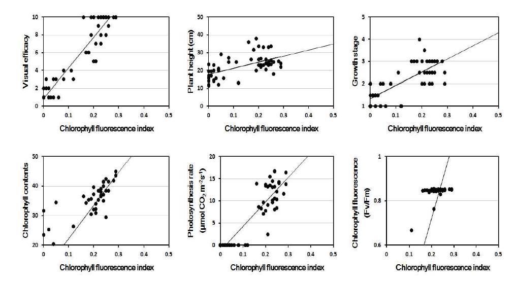 Linear regression between chlorophyll fluorescence index and other parameters at 8 days after PEG treatment.