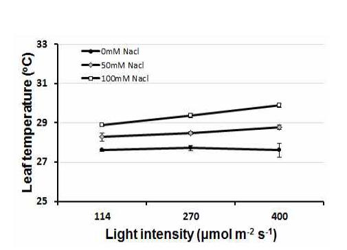 Leaf temperature of soybean affected by light intensity at 1 day after salt treatment.