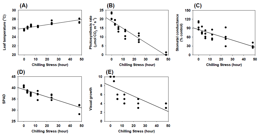 Plant body temperature (A), photosynthesis rate (B), stomatal conductance (C), chlorophyll contents (D), and visual growth (E) of rice under chilling stress measured at 1 day after treatment.