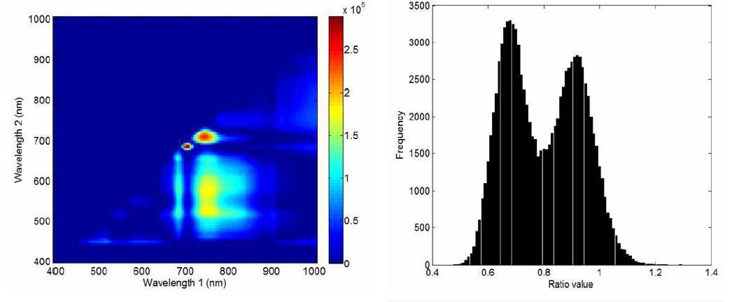 F-value (a), histogram of pixel intensity (b) of soybean leaf stressed by NaCl.