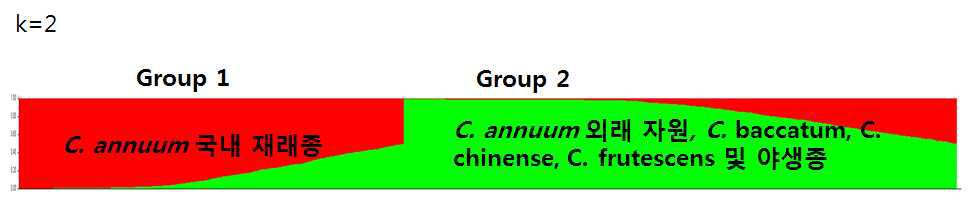 K=2의 그룹화에 따른 고추 유전자원의 클러스터링