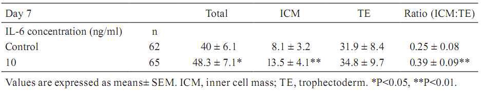 IL-6 가 돼지 체외발달 배반포의 내세포괴와 지지세포 비율에 대한 영향.