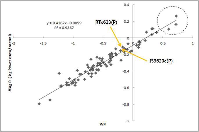 The relationship between water factor index and average reduction in relative log[(PIABSwet)/(PIABScontrol)] after 4 weeks of water stress of 100 RILs and 2 parents.