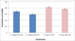 CO2 처리농도(1%, 10%)에 따른 Chlorella vulgaris, CHK0024 균주와 Chlorella fusca CHK0003 균주의 총지방산함량(Lipid content) 비교분석