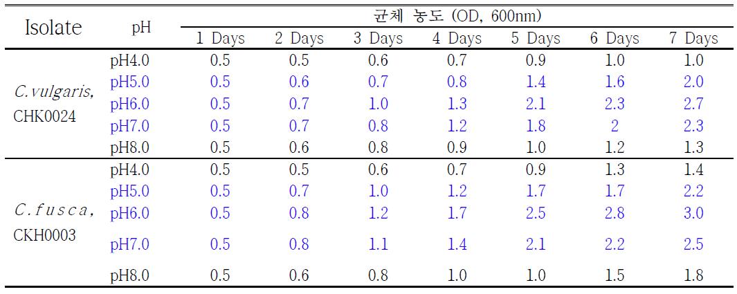 배지의 pH조건에 따른 Chlorella vulgaris, CHK0024 균주와 Chlorella fusca CHK0003 균주의 생육양상