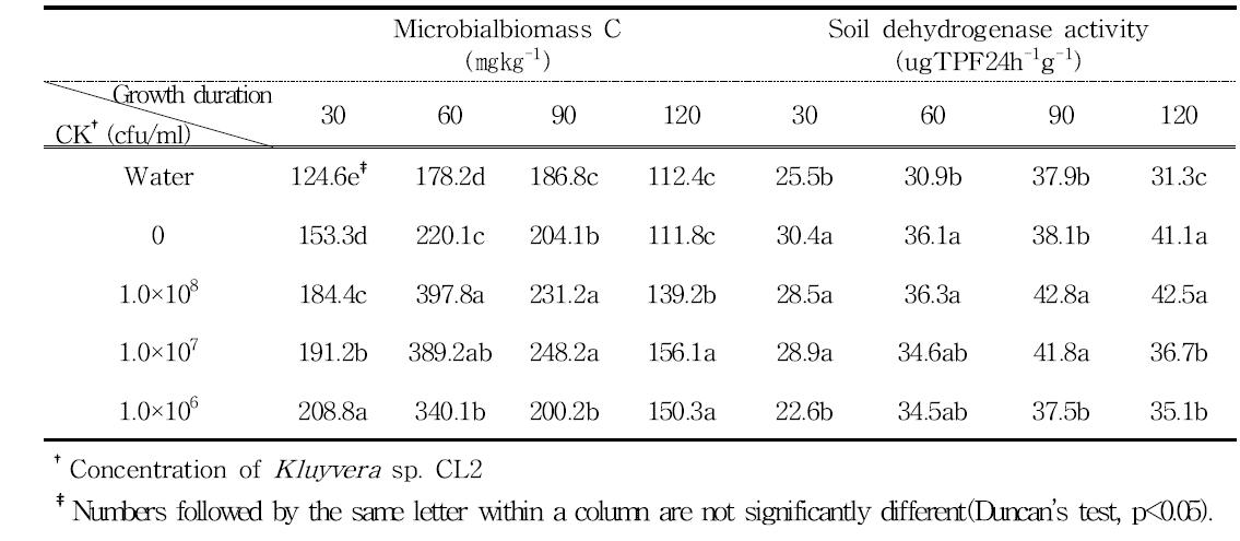 Microbial biomass and soil dehydrogenase in tomato as affected by the Kluyvera sp. CL2