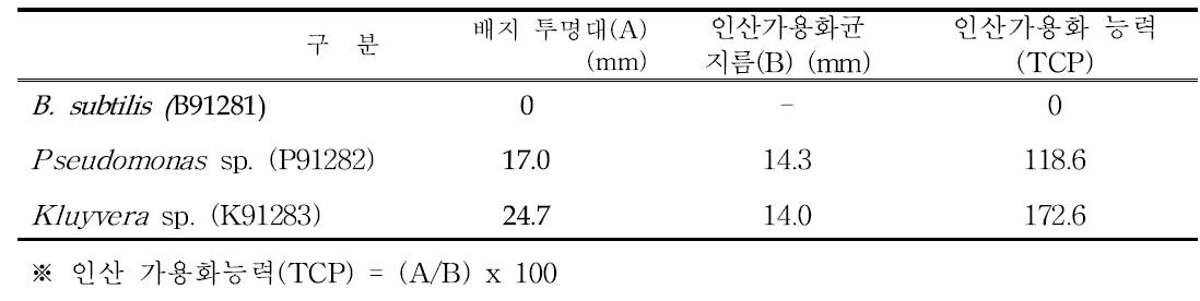 시험 농업미생물제의 인산가용화 능력