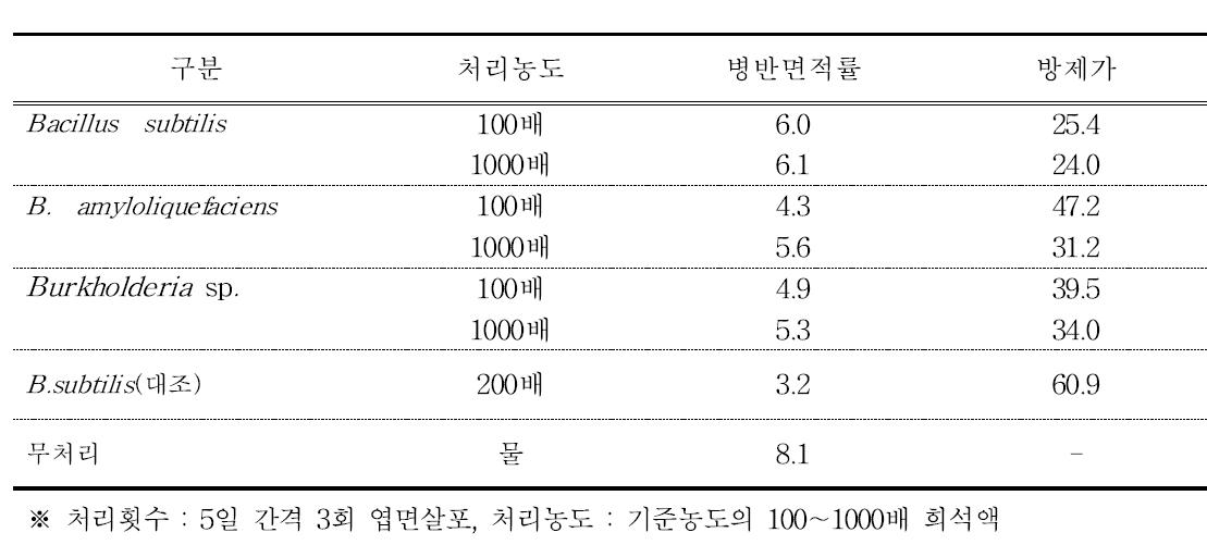 농업미생물 처리에 의한 오이 흰가루병 방제효과