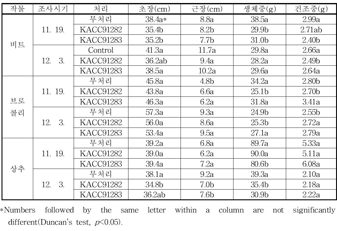 비트, 브로콜리, 상추 지상부 생육에 대한 인산가용화균의 효과