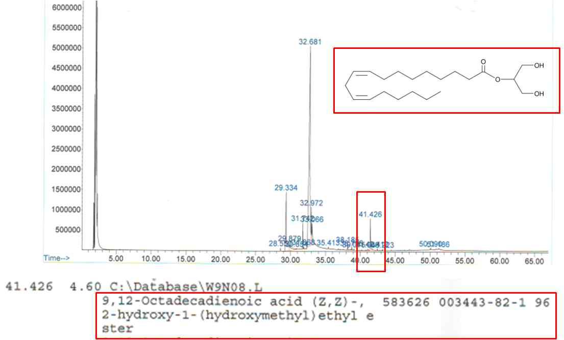 GC-MS를 이용한 물질동정 결과와 구조