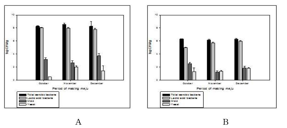 메주 만드는 시기별 된장과 간장의 미생물 분석 결과 (A-된장, B-간장)