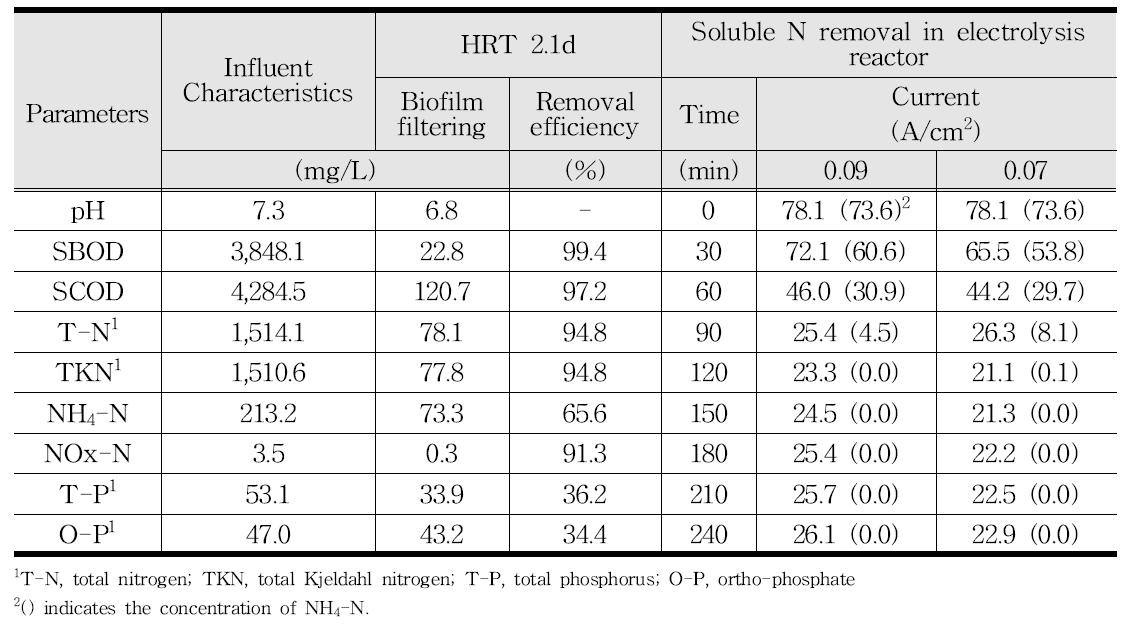 Biofilm filtering 시스템과 전기화학반응조의 연계처리결과