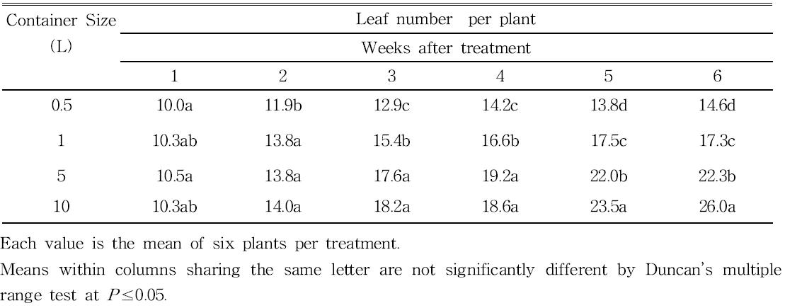Effect of four container sizes on leaf number of cherry tomato grrown greenhouse.