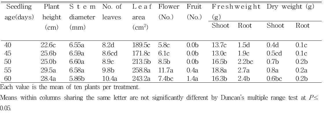 Effect of seedling age on the plant growth characteristics, flower number, fruit number, and fresh and dry weight of tomato before planting.