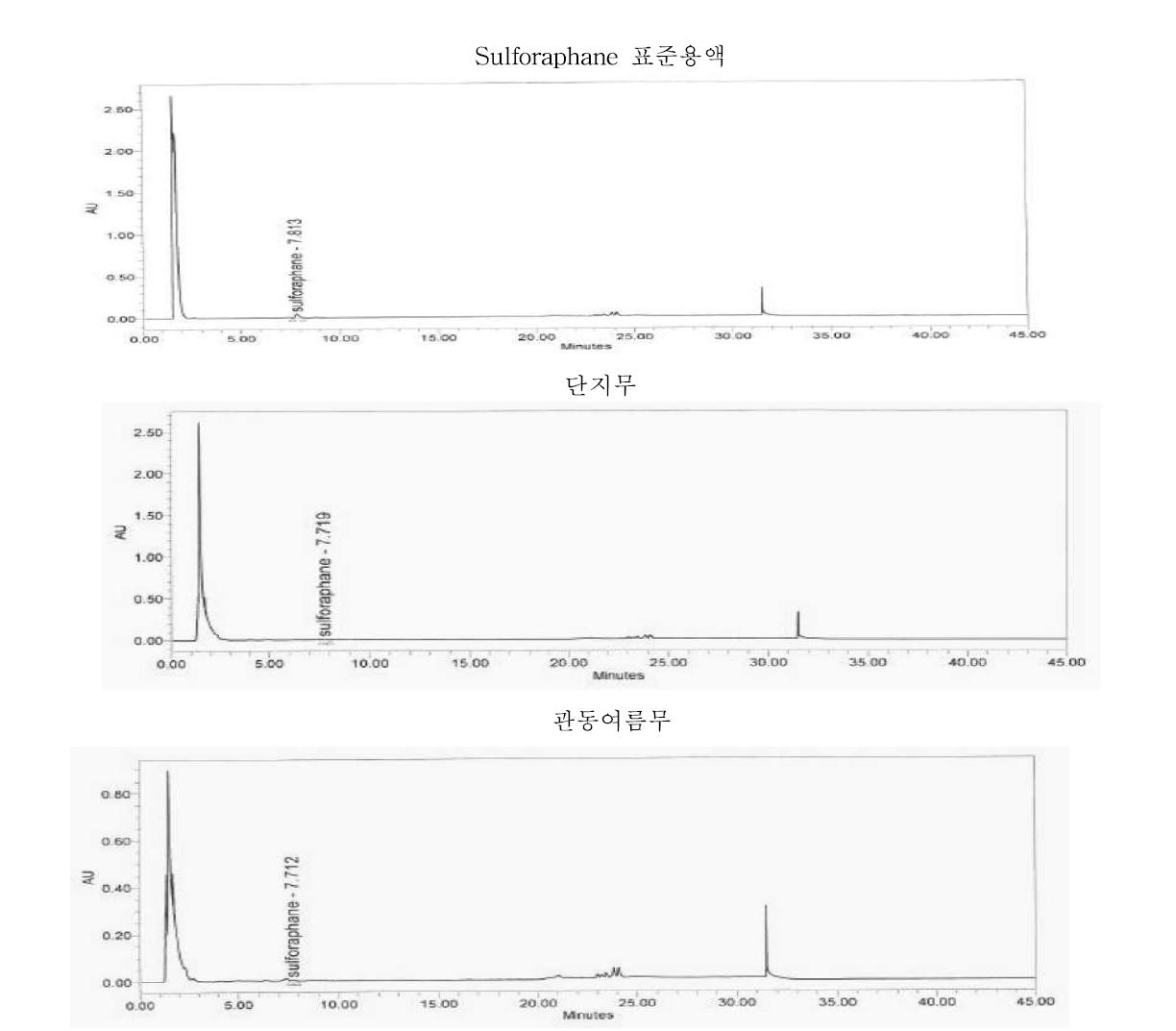 Sulforaphane 및 무 시료의 HPLC 크로마토그램