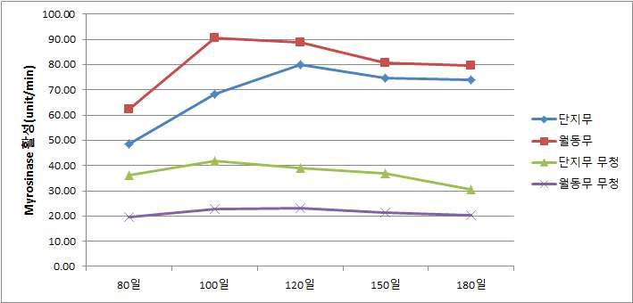 수확시기에 따른 단지무와 관동여름무의 myrosinase 활성
