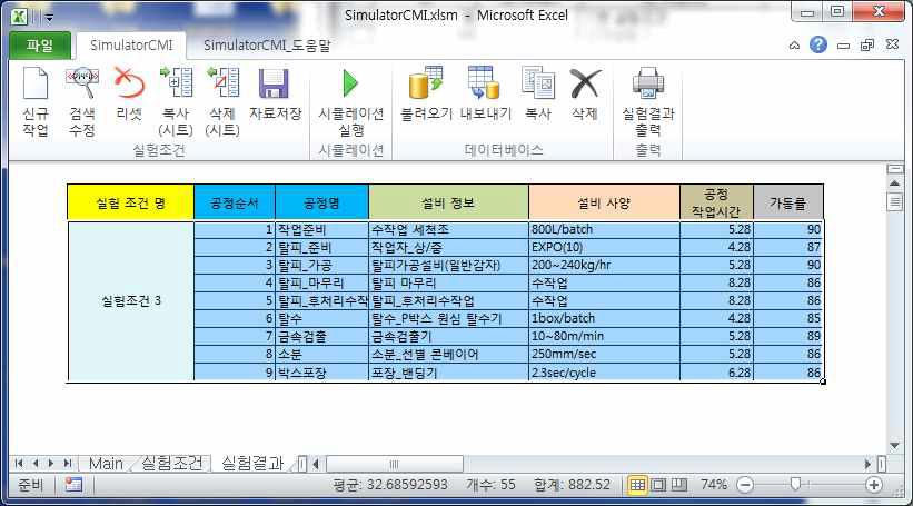 사용자가 입력한 실험조건에 대한 시뮬레이션 실험결과