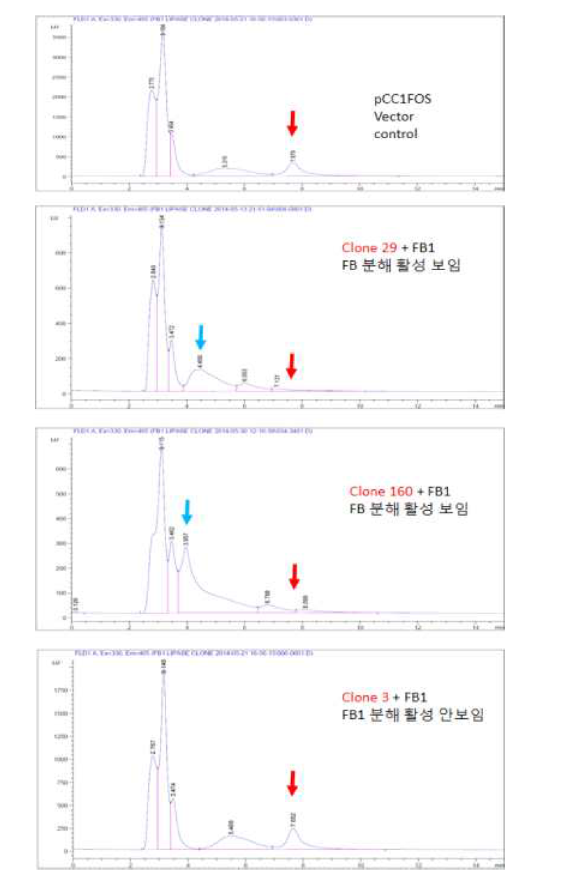 클론 29와 160에 의한 FB1 (빨간 화살표)의 제거 및 새로운 산물(파란 화살표)의 생성 결과
