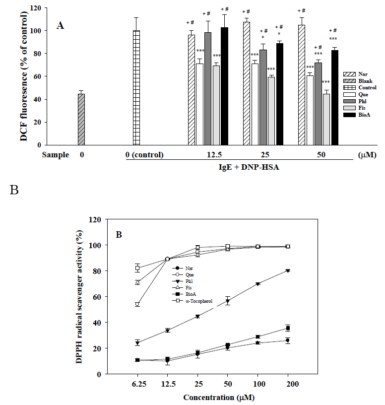 Effects of Nar, Que, Phl, Fis, and BioA on intracellular ROS production in IgE-antigen complex-stimulated RBL-2H3 cells and DPPH radical scavenger activity.