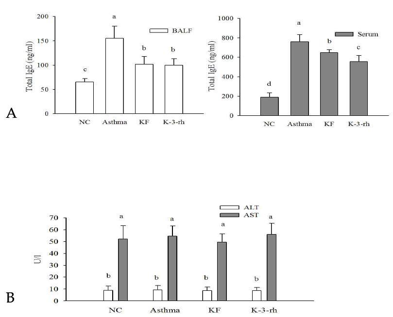 Effect of KF and K-3-rh on the total IgE, ALT and AST levels in the bronchoalveolar lavage fluid (BALF) and/or serum of mice.
