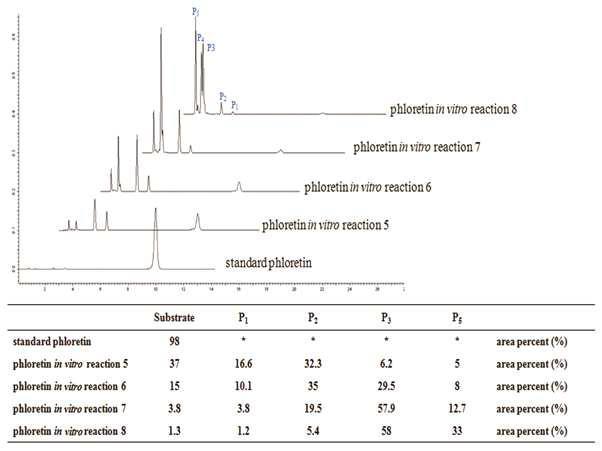 Comparative HPLC chromatogram for the in vitro reactions 5 to 8. Area percentage of each peak is given in the table below the chromatogram.