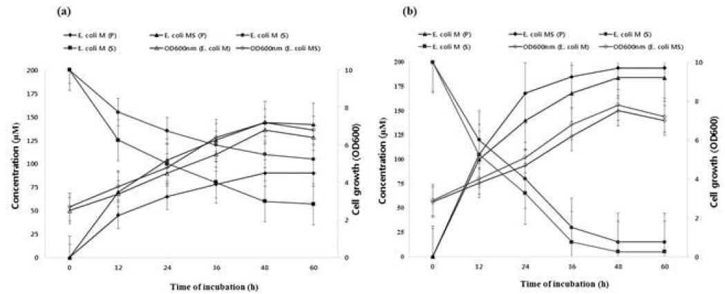 Production profile by recombinant hosts E. coli M and E.