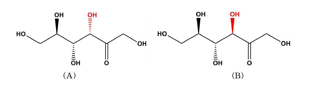 과당(fructose, A)과 사이코스(psicose, B)의 구조
