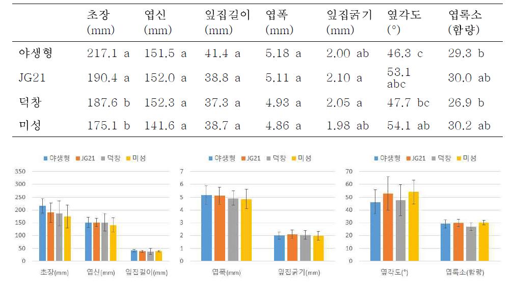 지역간 환경 차이를 고려한 각 지역에서 조사한 형태적 특징. 야생형 들잔디와 JG21 들잔디 간에는 동일 지역에서는 형태적 유의차가 없음.