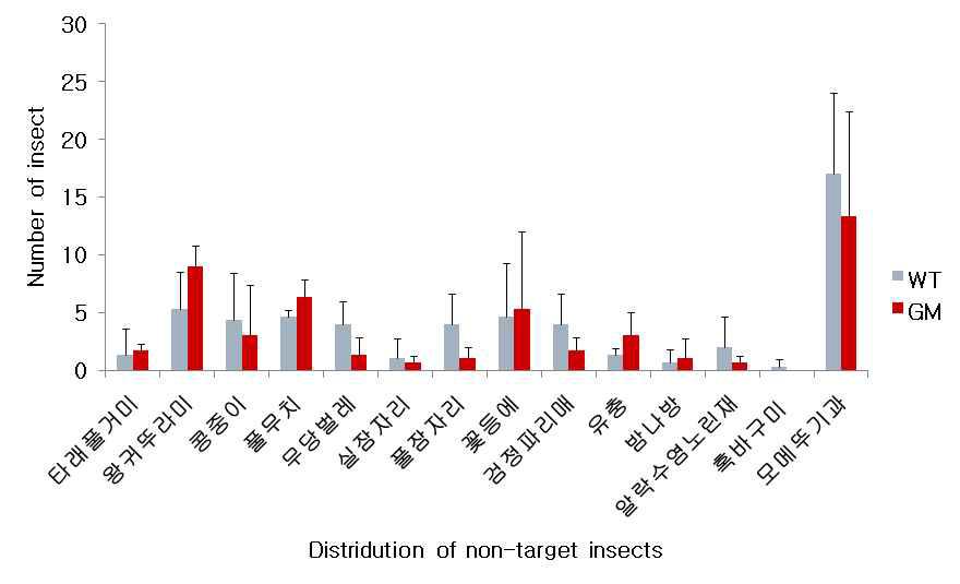 잔디재배포장에서 생존하는 곤충 분포 비교 (8월-10월). 야생형과 GM 잔디 포장의 곤충분포 양상에 큰 차이는 없었음