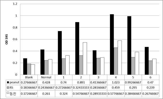 각 환자별 peanut extract, RS 단백질 및 동진벼 extract에 대한 IgE 반응