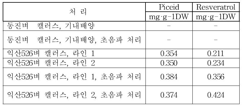 Bulb type Bioreactor (3L)에서 기내배양된 캘러스의 레스베라트롤 함량 측정