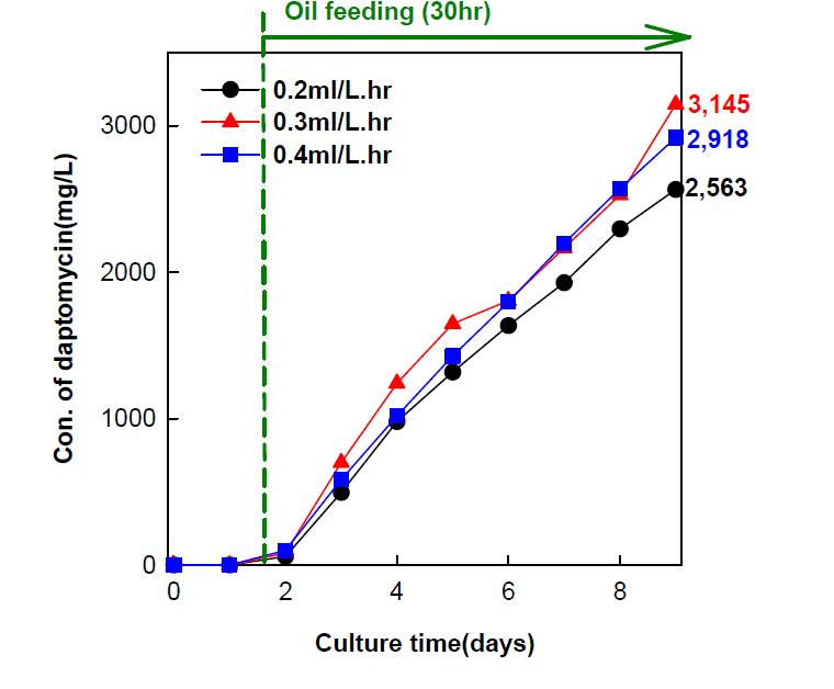 Effects of TG-capric acid feeding speed on daptomycin production