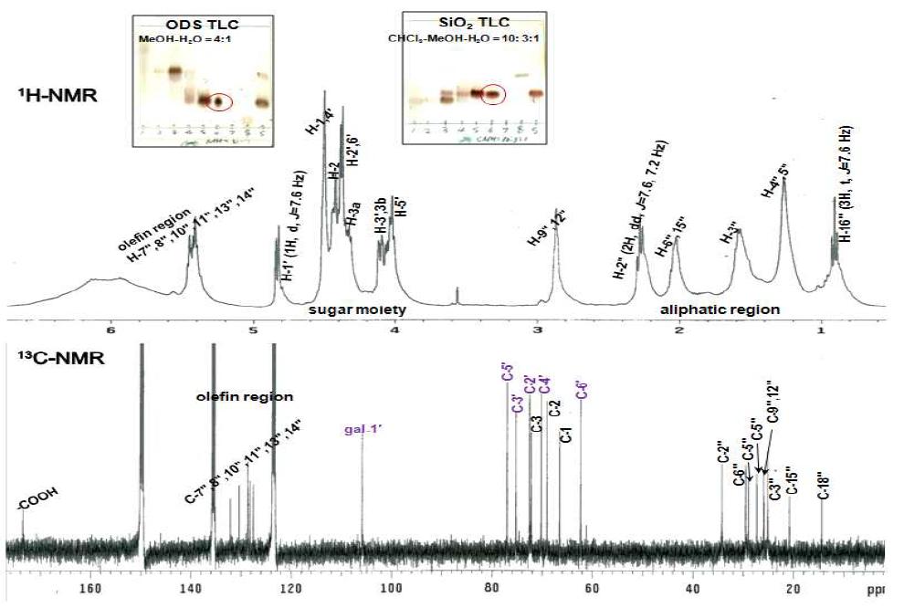 H-NMR (400 MHz) & C-NMR (100 MHz) spectra of glycosyl glyceride 1 from the EtOAc fr. the aerial parts of hydroponic Panax ginseng (pyridine-d5).