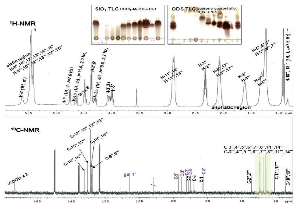 H-NMR (400 MHz) & C-NMR (100 MHz) spectra of glycosyl glyceride 3 from the EtOAc fr. the aerial parts of hydroponic Panax ginseng (pyridine-d5).