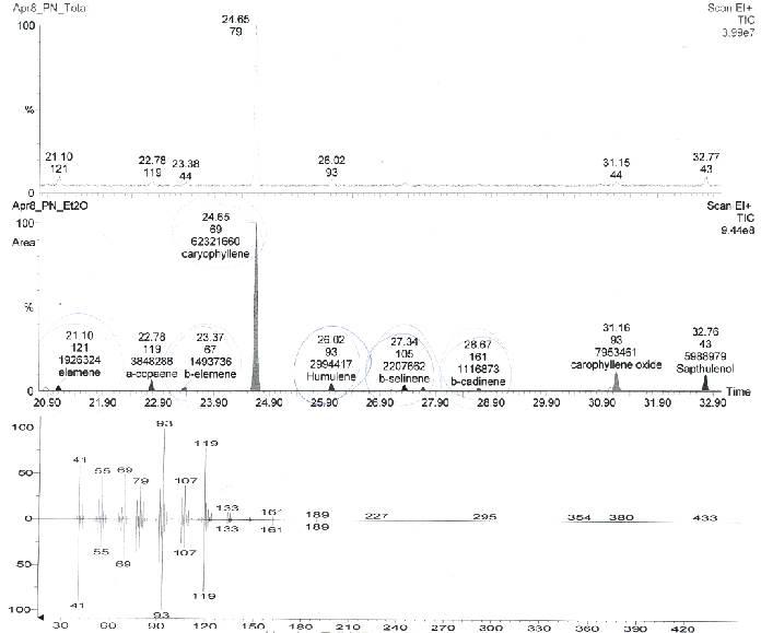 Total ion chromatogram of the putative TPS reaction product (upper) and total pepper fruit extract (middle).