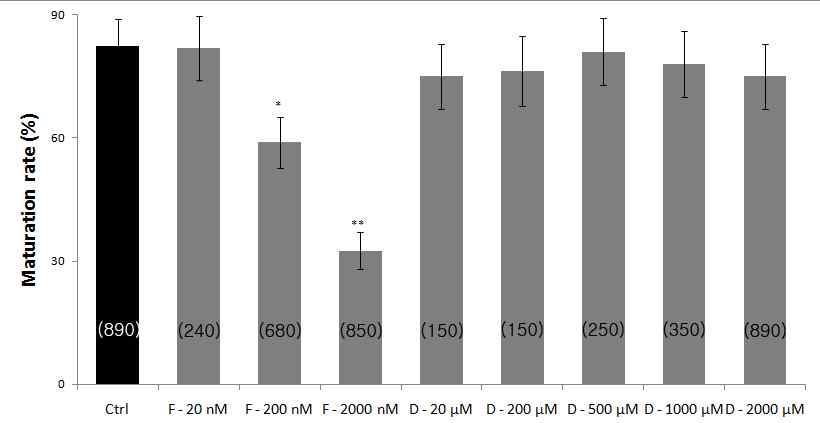 막전위 활동억제제 FCCP, DDC 처리에 따른 난자의 MII 단계까지의 성숙률 변화