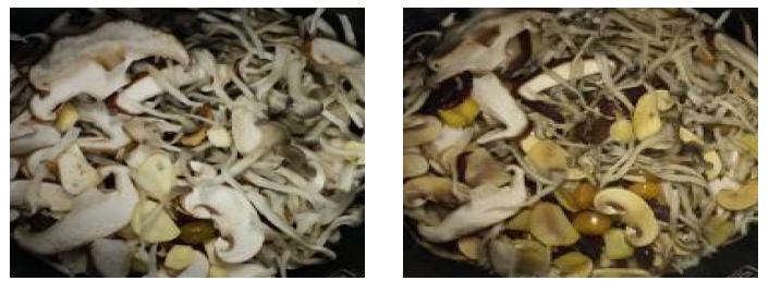 버섯밥의 조리 전 후 외관 비교