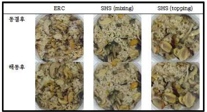 조리 방법에 따른 냉해동 버섯밥의 외관 비교