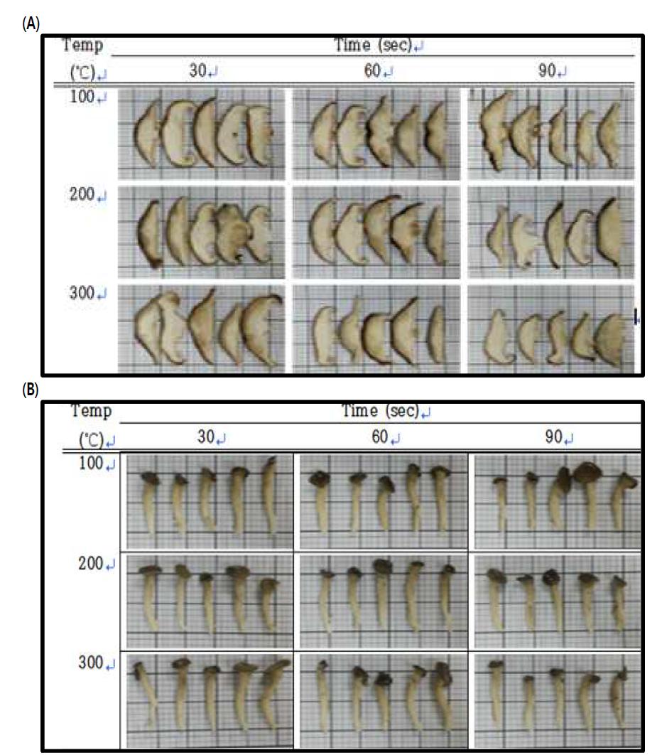 버섯의 전처리 조건에 따른 색도 비교; (A) 표고버섯, (B) 느타리버섯